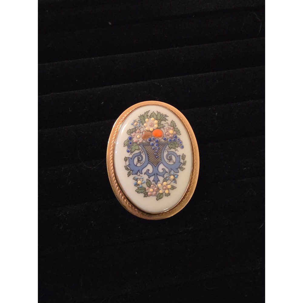 Lenox Vintage Porcelain Floral Basket Brooch Pendant 12K Gold Filled Oval Pin